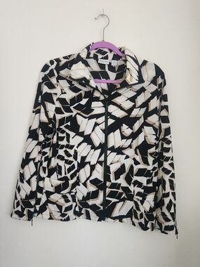 Abstract Mosaic Zip-Front Bomber Jacket - Black, White & Beige